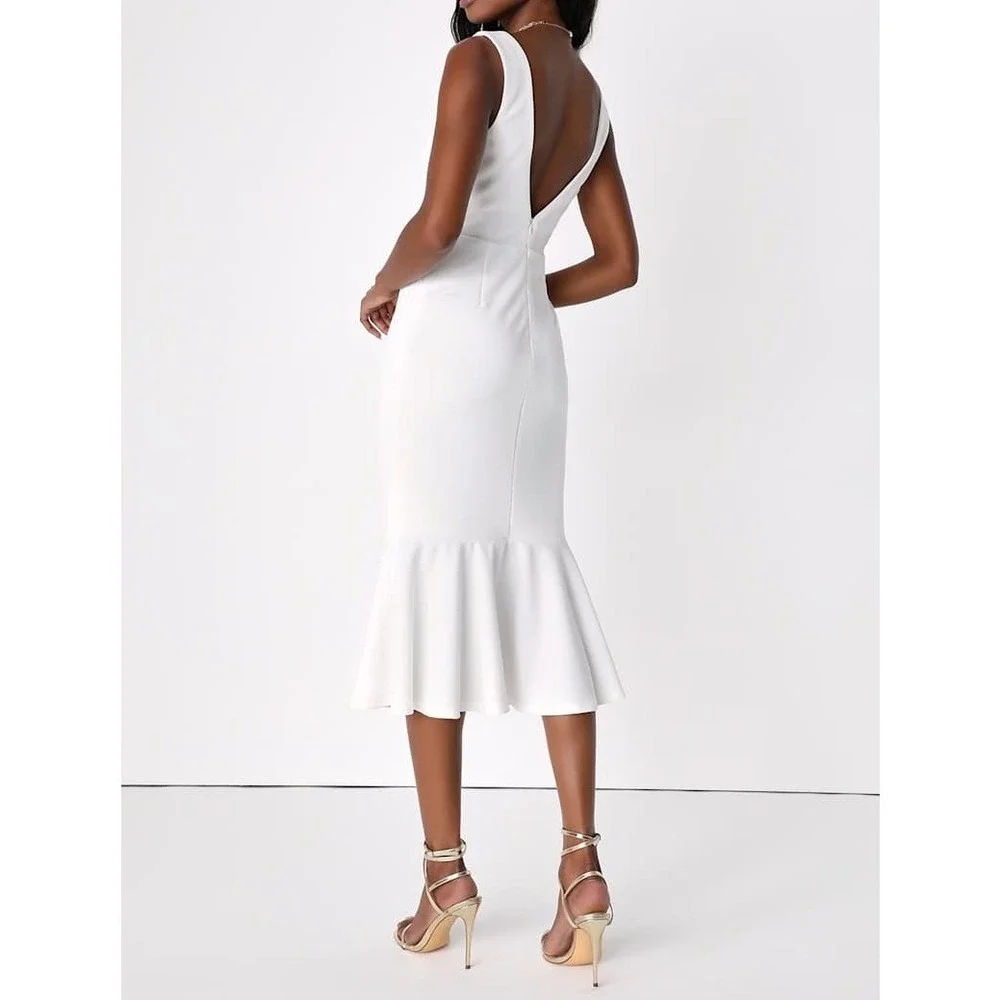 NWT Lulus Moment Maker White Square Neck‎ Trumpet Midi Dress Large